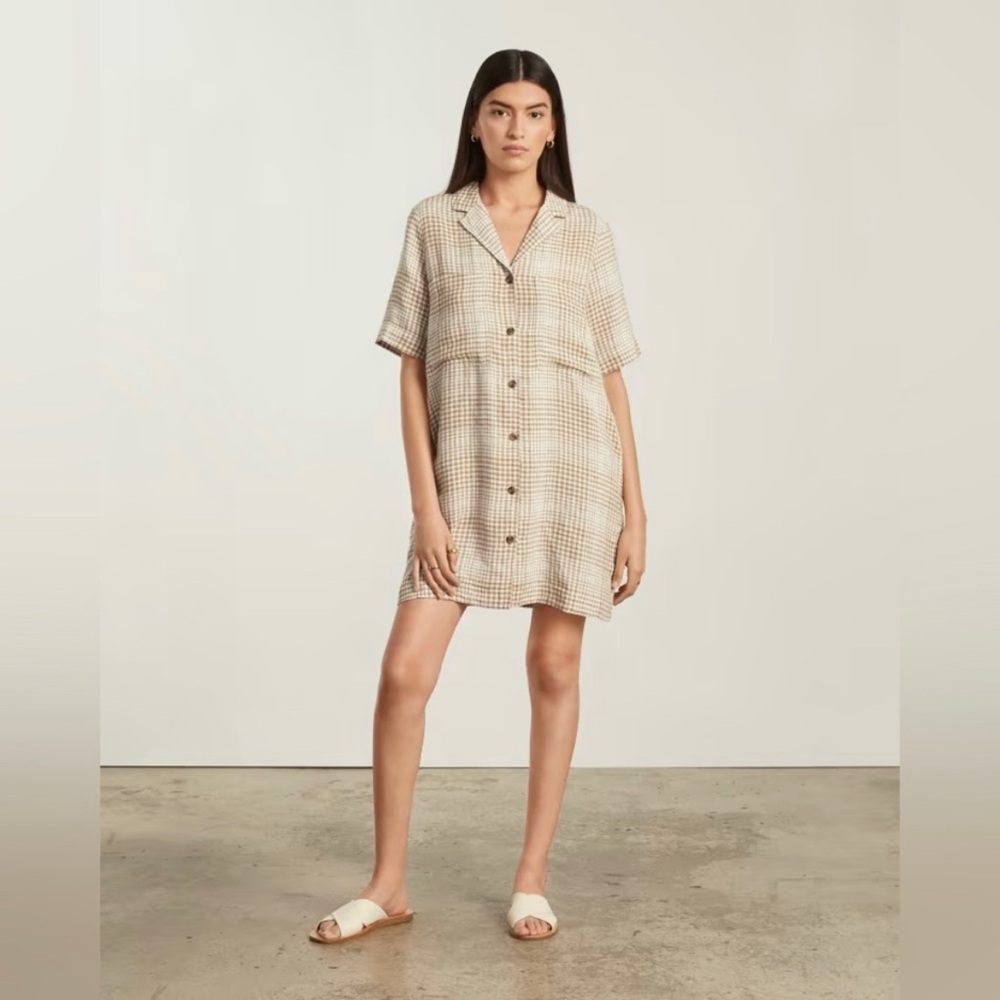 Everlane Linen Workwear Dress (color: ice coffee grid)